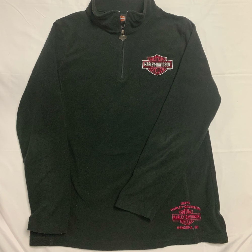Harley-Davidson womens fleece 1/4 zip black with pink and white embroidery.